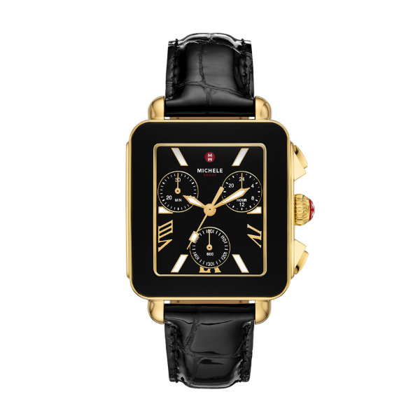 Michele Deco Sport Chronograph 18K Gold-Plated Black Leather Watch - MWW06K000070
