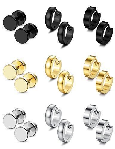 9 Pairs Stainless Steel Stud Earrings for Men Hoop Earrings Huggie Earring Set 18G