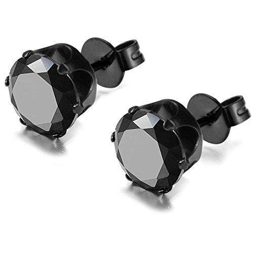 Stainless Steel Mens Womens Stud Earrings Black Round Cubic Zirconia Inlaid, 3mm-8mm Available