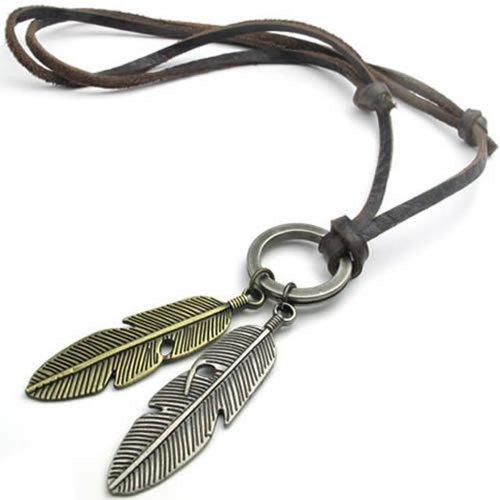 Vintage Angel Feather Pendant Leather Cord Men Necklace Chain, Gold Silver Brown