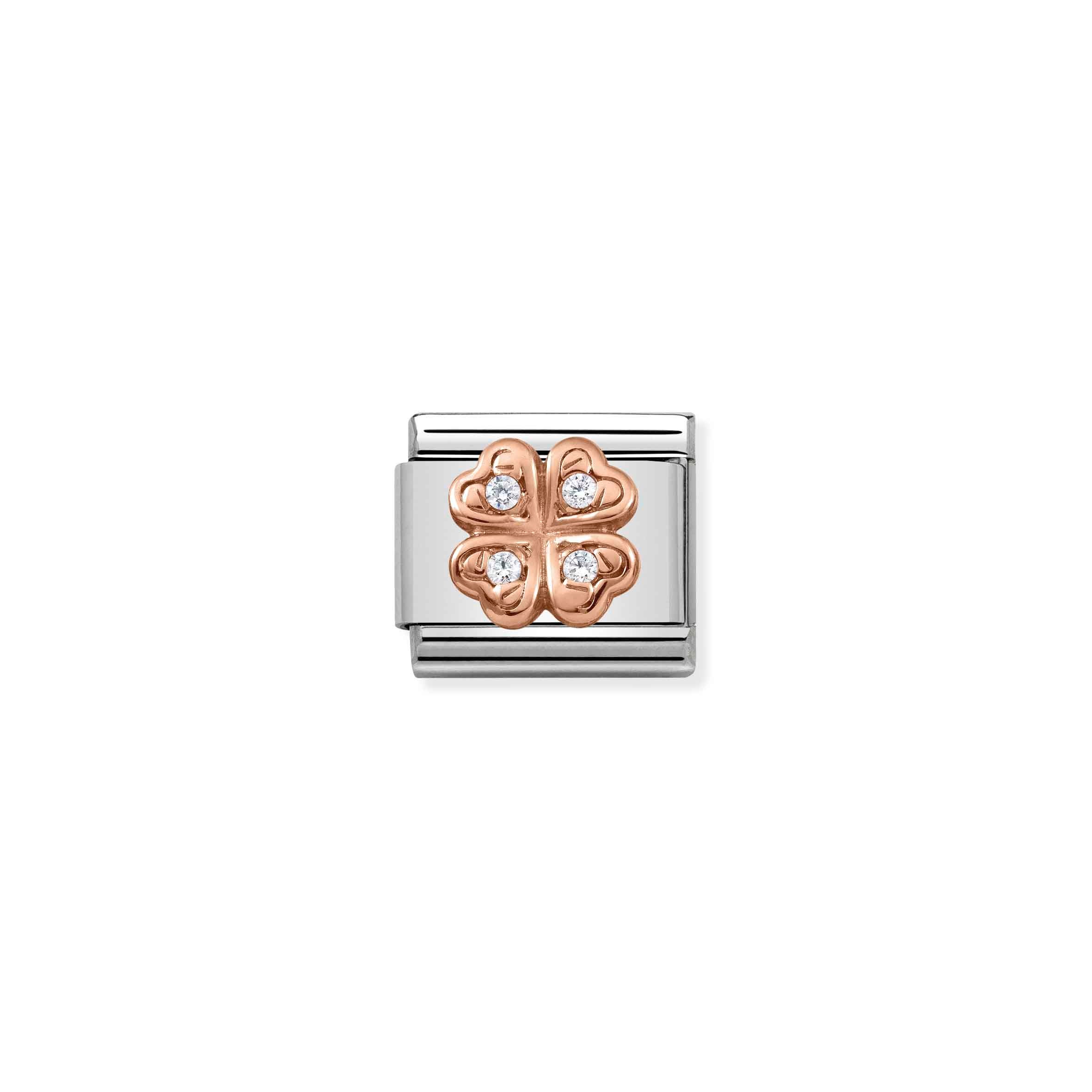 Charm, Composable Link, Rose Gold Clover white Zirconia