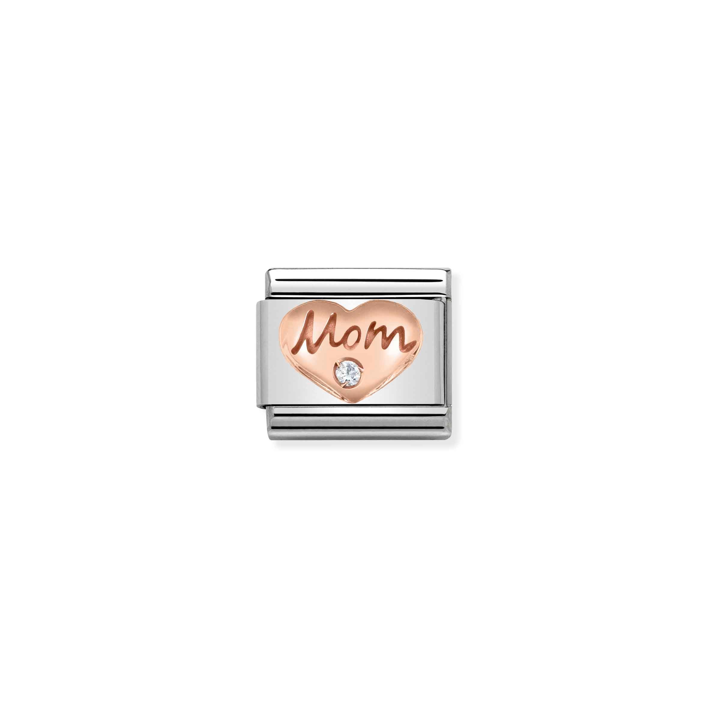 Charm, Composable Link, Heart with Mom and white Stone
