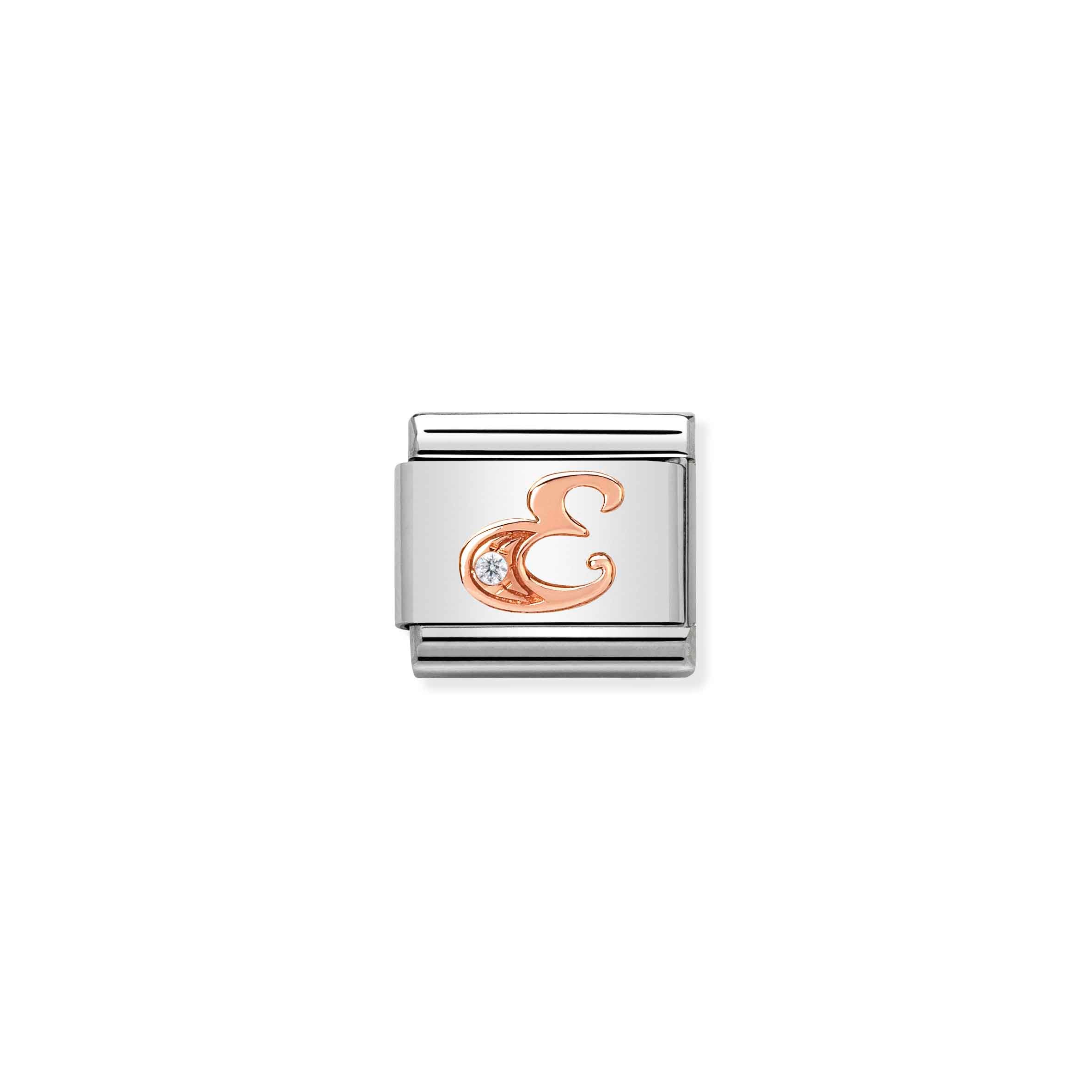 Charm, Composable Link, Letter E in Rose Gold and Cubic Zirconia