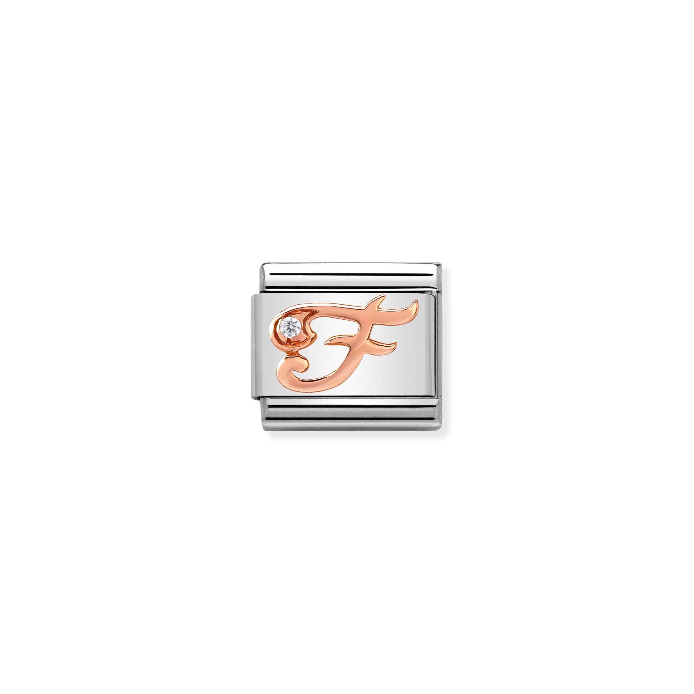 Charm, Composable Link, Letter F in Rose Gold and Cubic Zirconia