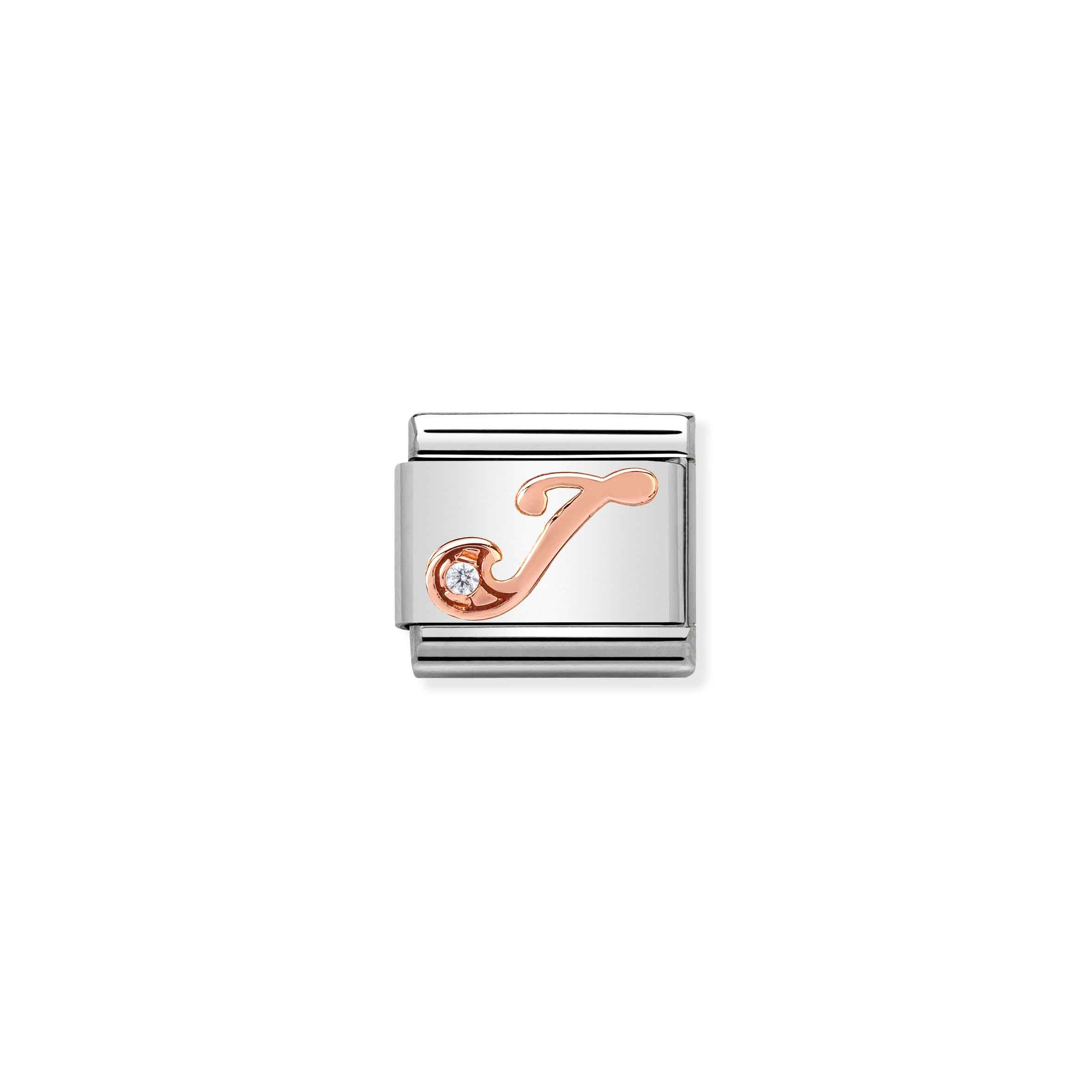 Charm, Composable Link, Letter J in Rose Gold and Cubic Zirconia