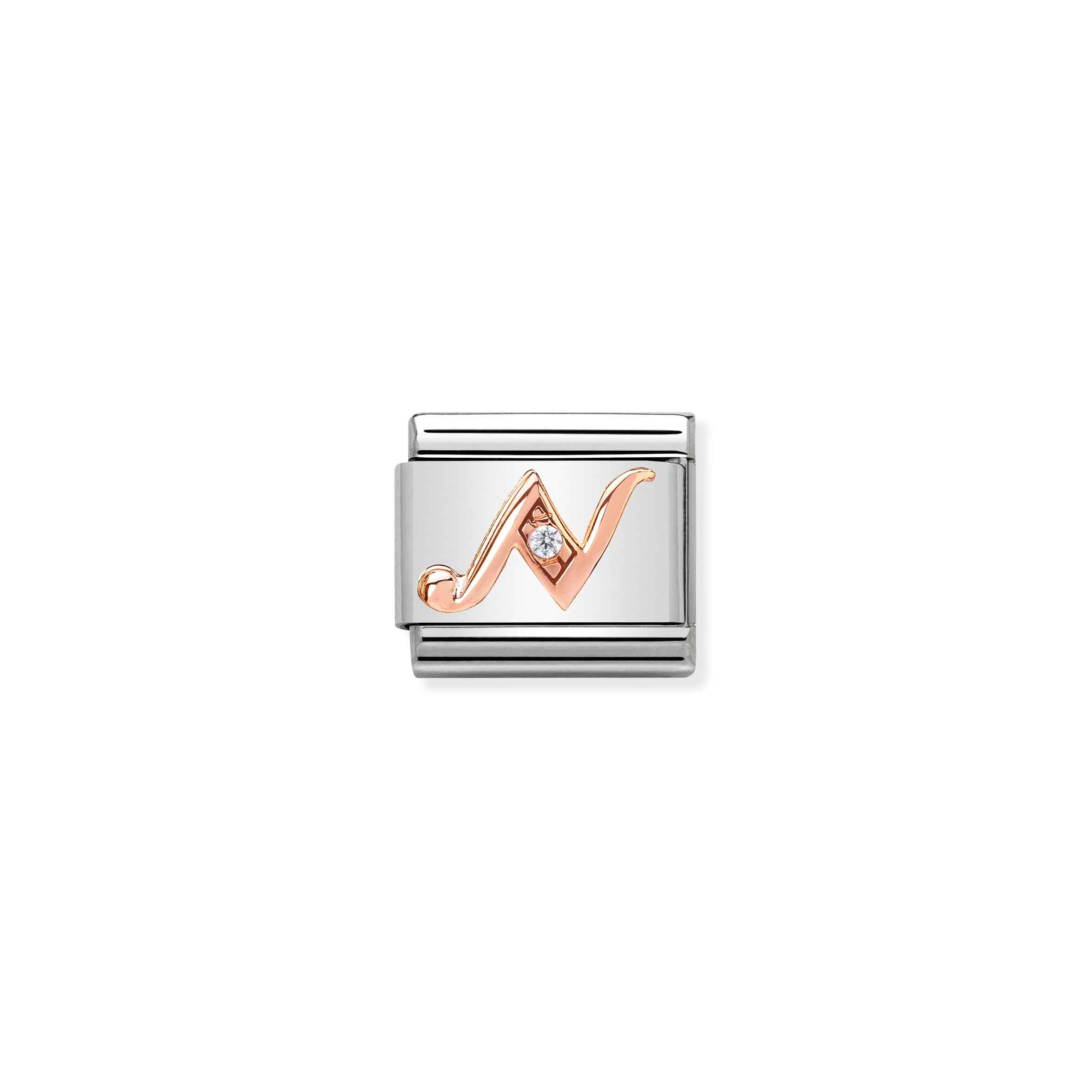 Charm, Composable Link, Letter N in Rose Gold and Cubic Zirconia