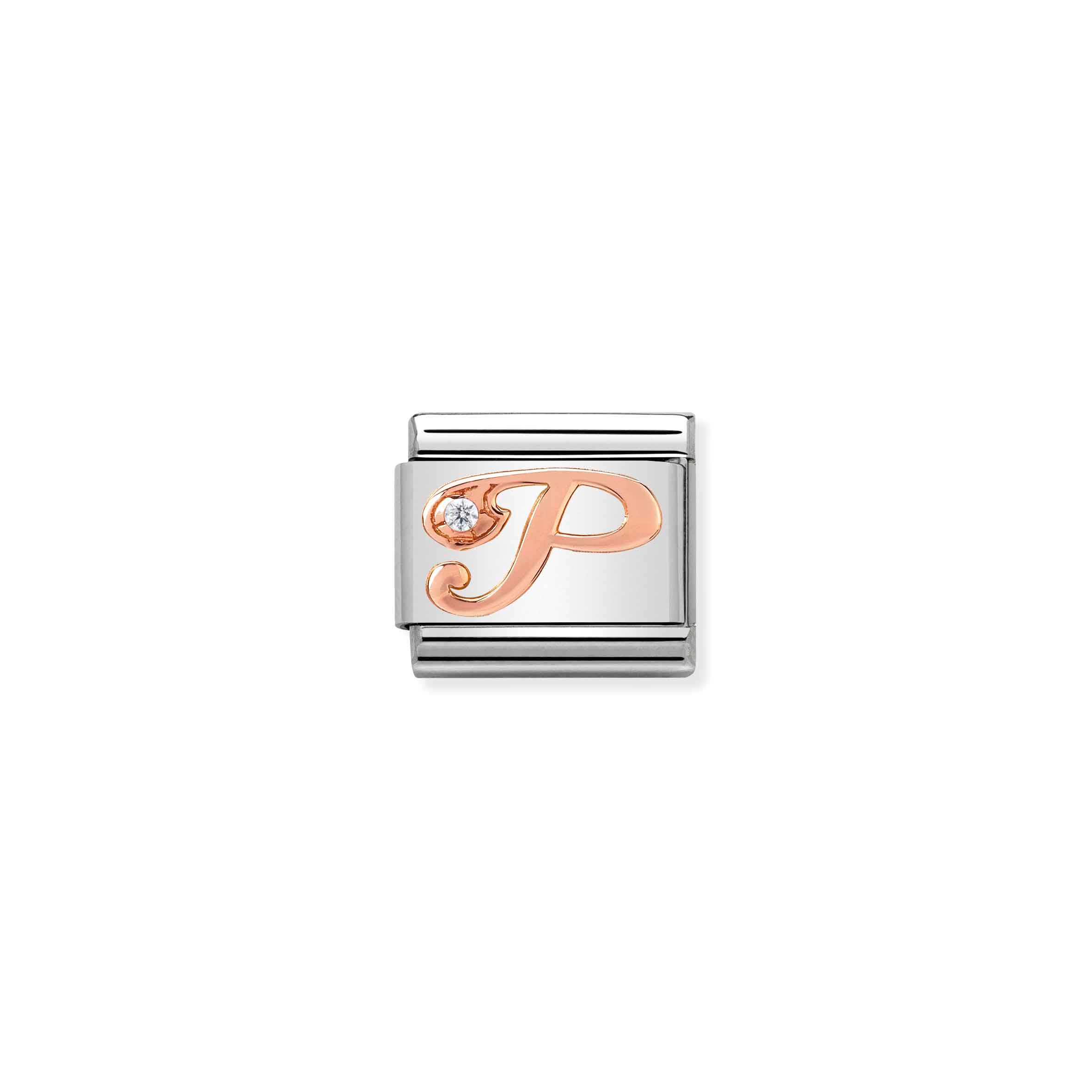 Charm, Composable Link, Letter P in Rose Gold and Cubic Zirconia