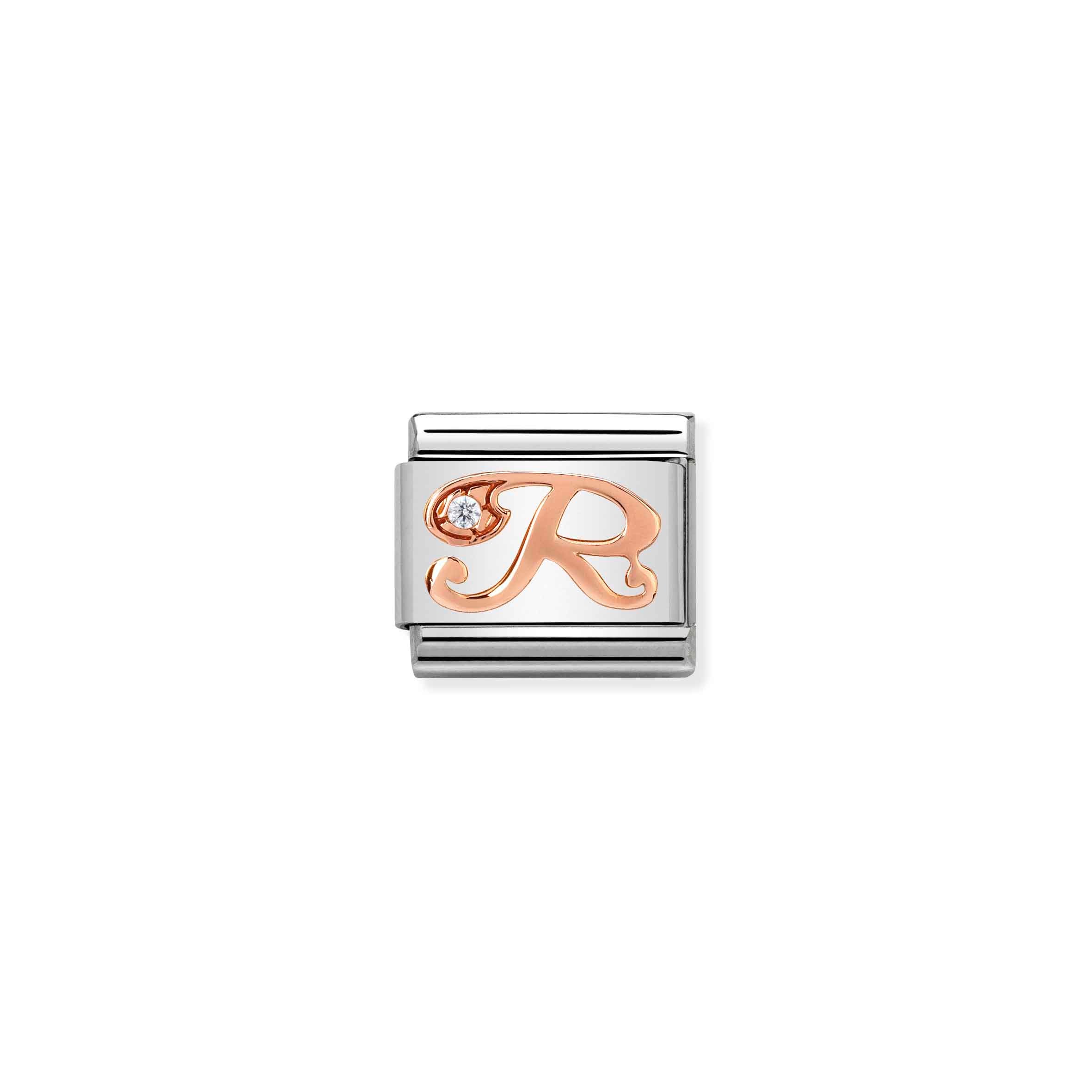 Charm, Composable Link, Letter R in Rose Gold and Cubic Zirconia