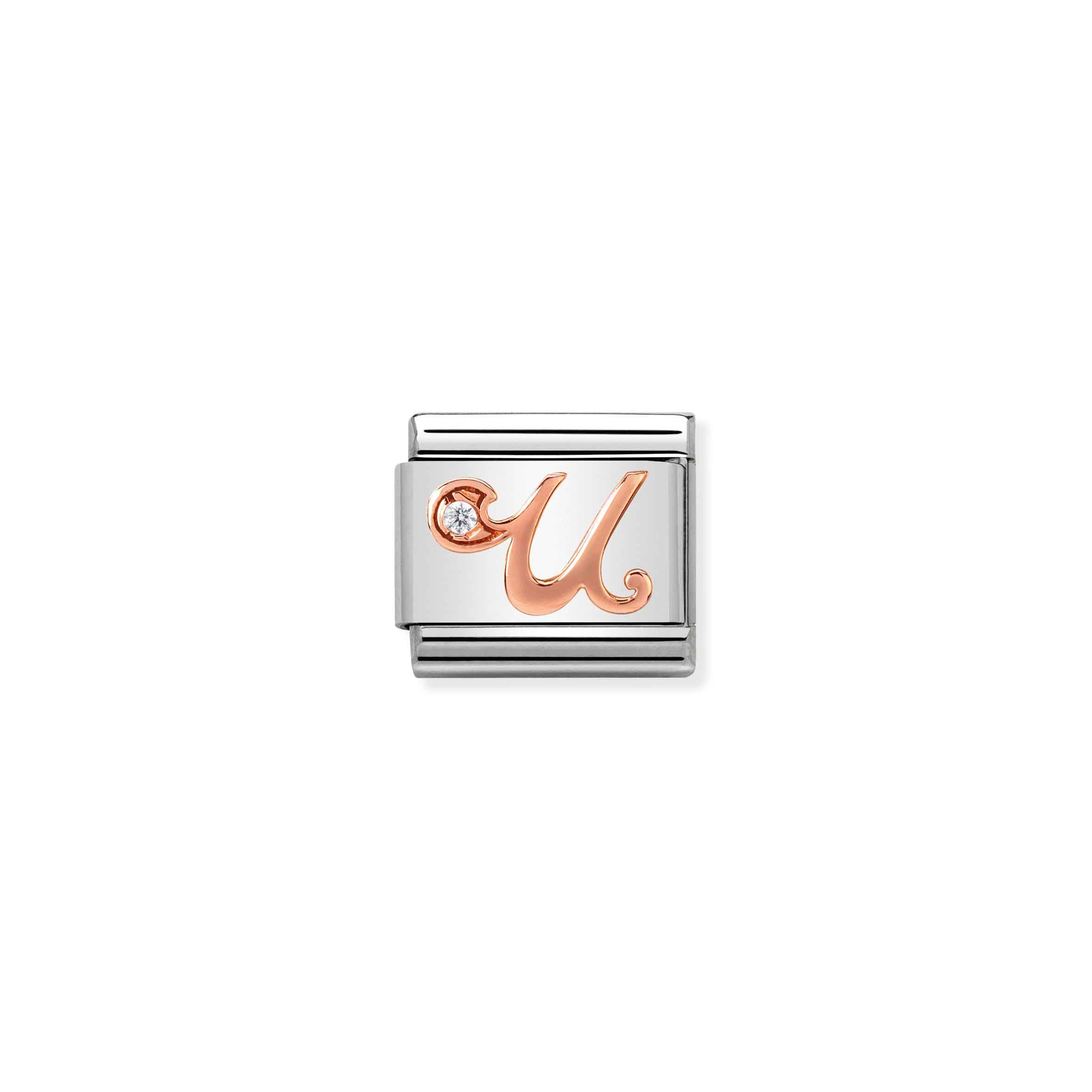 Charm, Composable Link, Letter U in Rose Gold and Cubic Zirconia