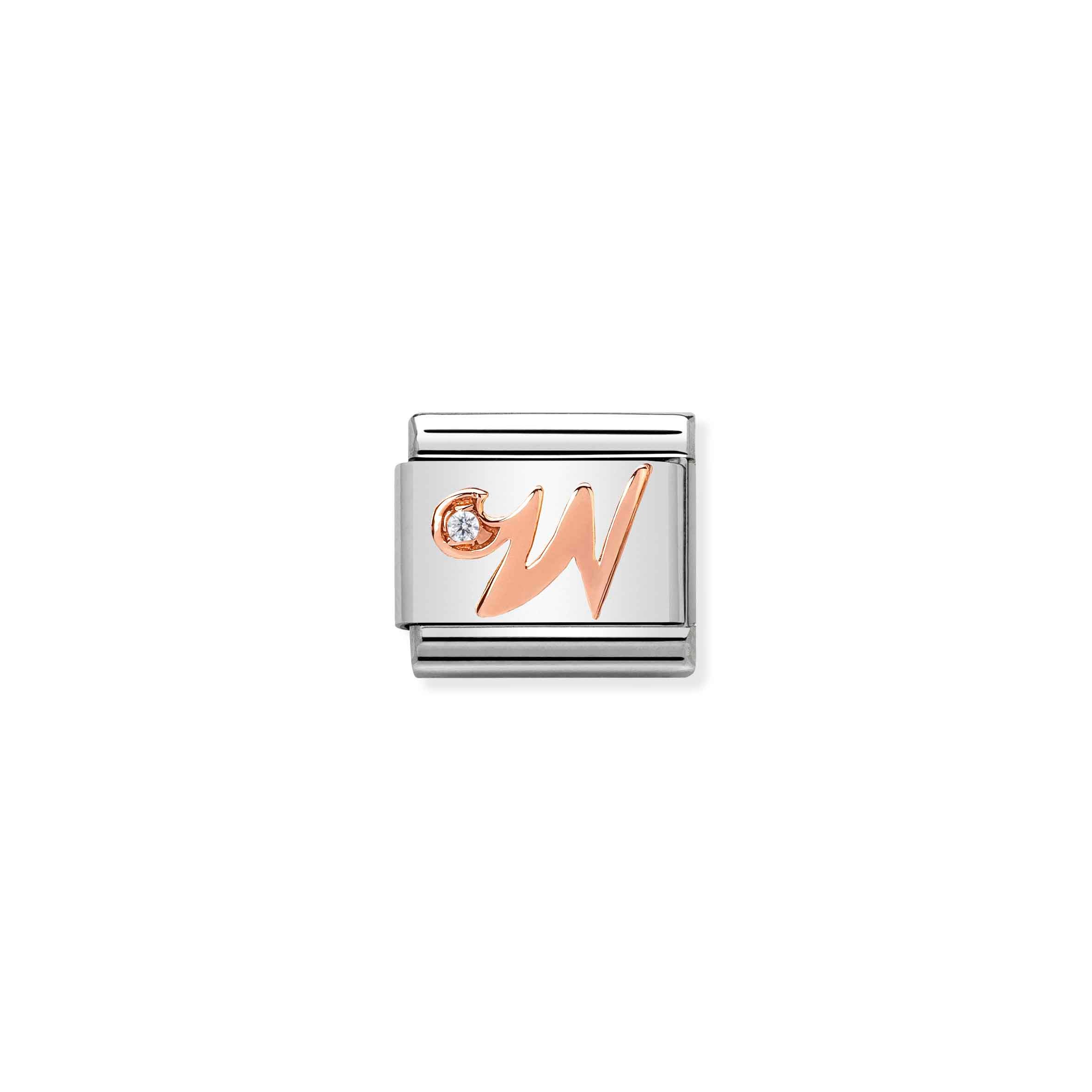 Charm, Composable Link, Letter W in Rose Gold and Cubic Zirconia