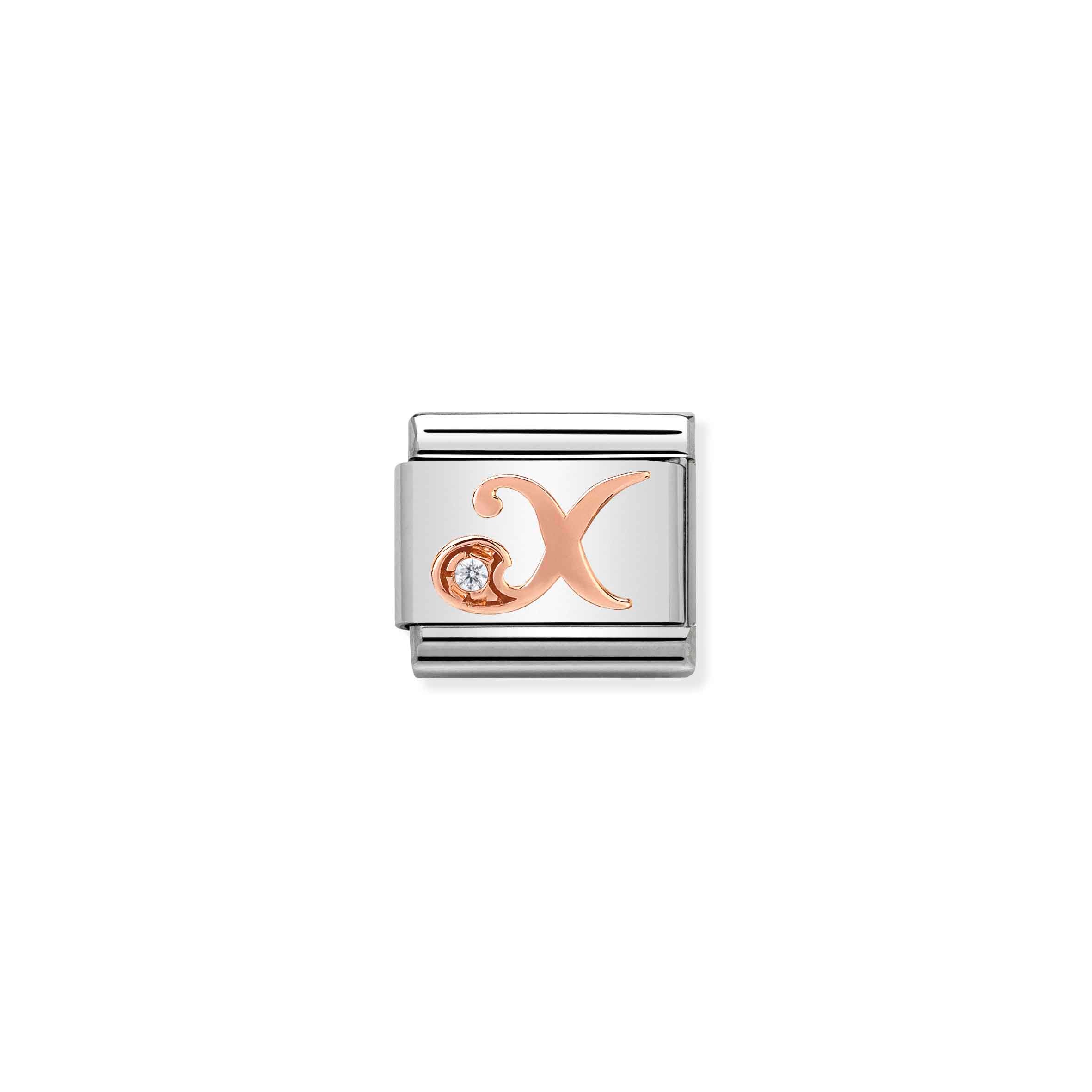 Charm, Composable Link, Letter X in Rose Gold and Cubic Zirconia
