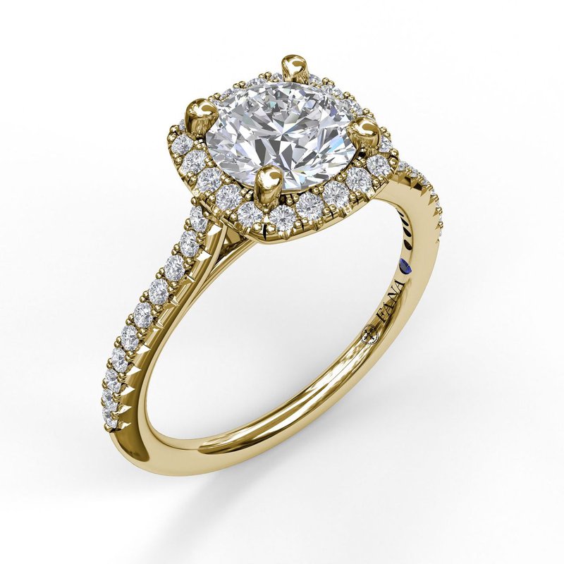 18K Yellow Gold Delicate Cushion Halo Semi-Mount Engagement Ring With Pave Shank