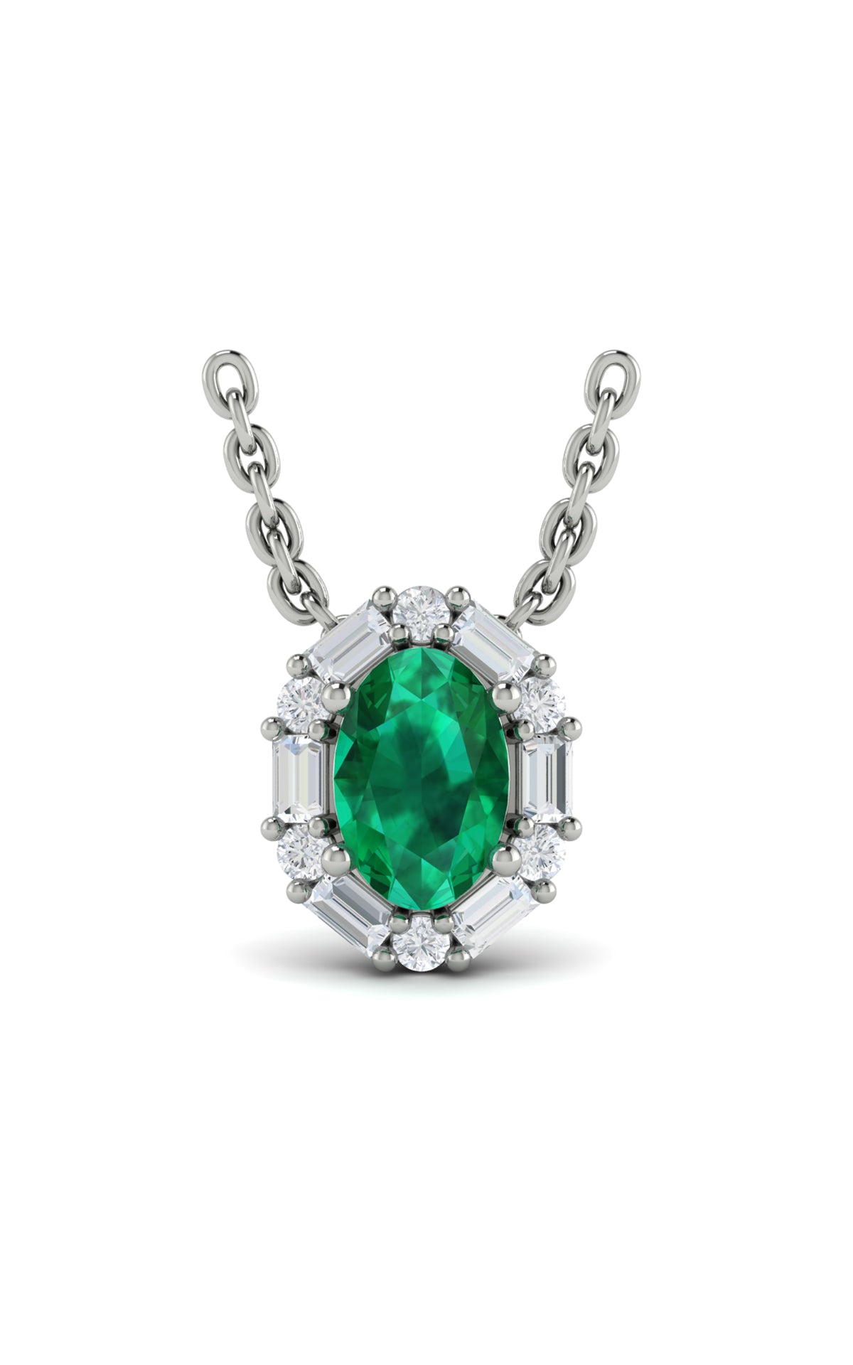 14K White Gold Emerald Halo Pendant Necklace