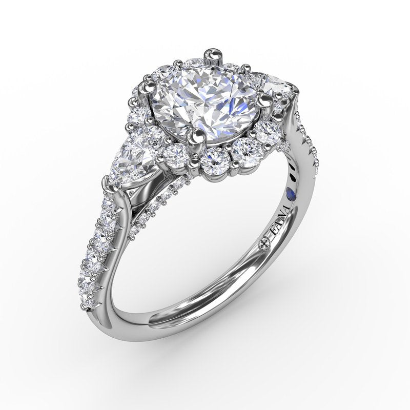 18K White Gold Three-Stone Diamond Halo Semi-Mount Engagement Ring With Pear-Shape Side Stones