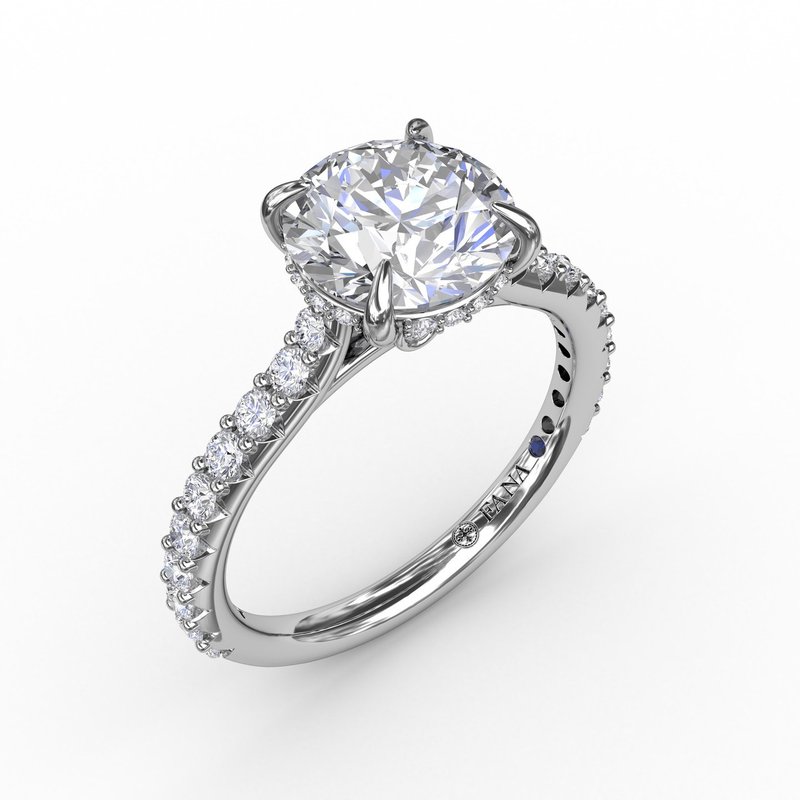 18K White Gold Classic Round Diamond Solitaire Semi-Mount Engagement Ring With Hidden Pavé Halo