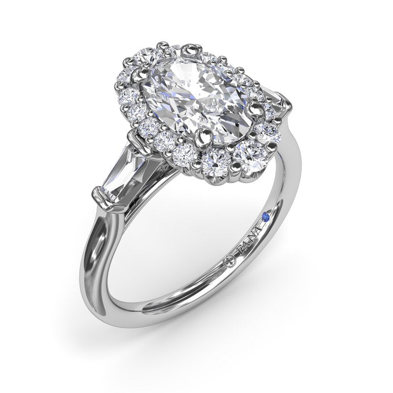 18K White Gold Diamond Baguette Halo Semi-Mount Engagement Ring