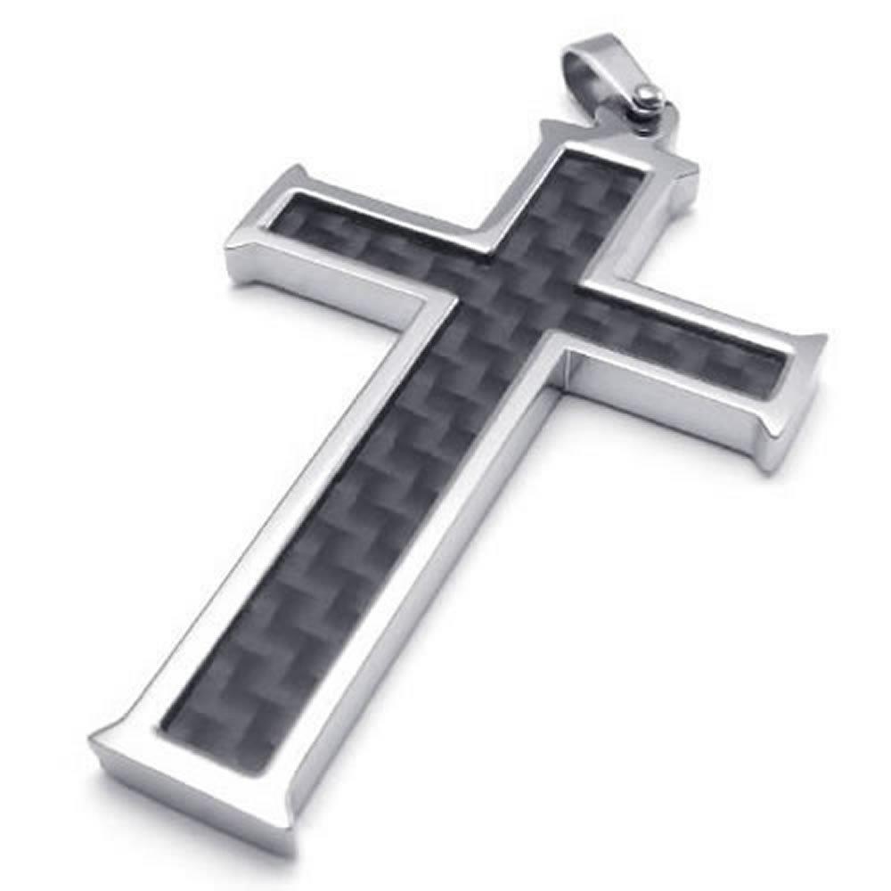 Carbon Fiber Stainless Steel Men Cross Necklace Pendant, Black Silver, 24 inch Chain