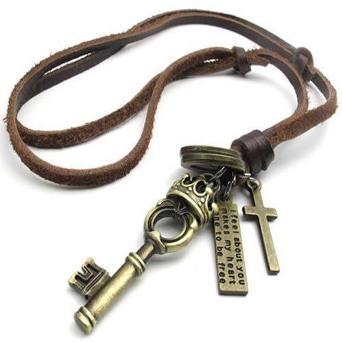 Vintage Cross Love Crown Key Pendant Adjustable Brown Leather Cord Men Necklace Chain