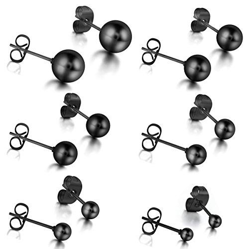 Stainless Steel Men Women Ball Stud Earrings Round 3-8mm 6 Pairs Black