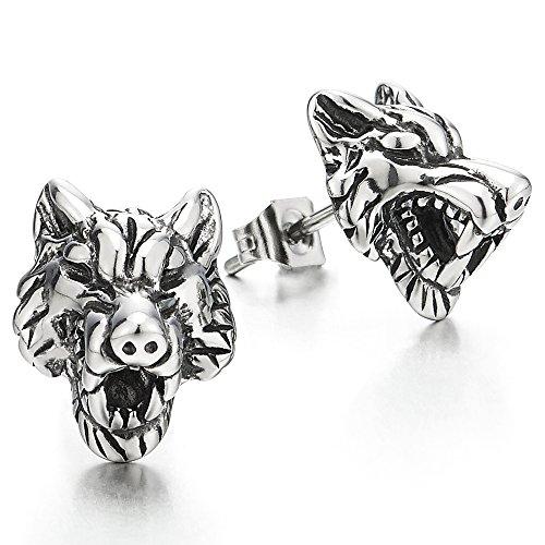 Rock Punk Mens Vintage Wolf Head Stud Earrings in Stainless Steel