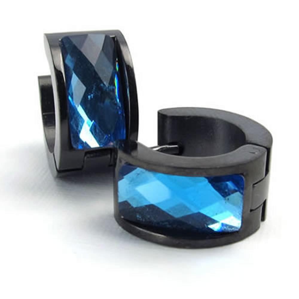 Stainless Steel Men Hinged Hoop Stud Earrings Set, 2pcs, Color Blue Black