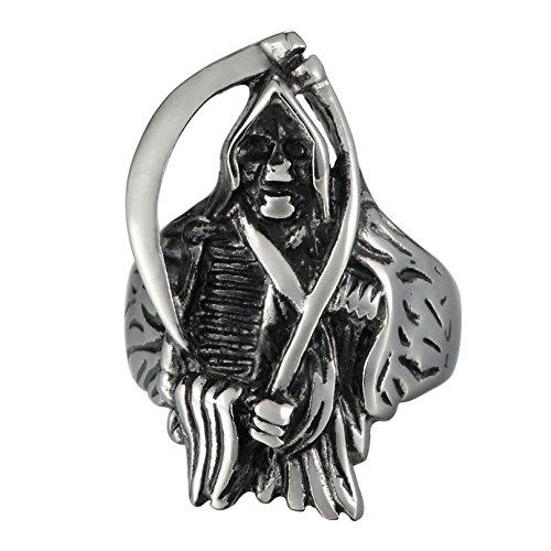 Men's Large Stainless Steel Ring Silver Tone Black Scythe Death Grim Reaper Skull Band