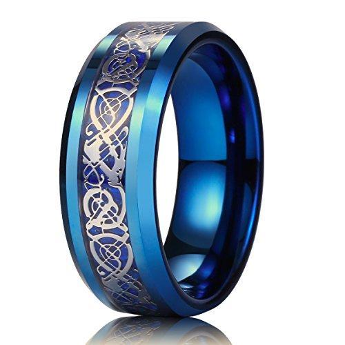 DRAGON Men Women 8mm Tungsten Carbide Ring Blue Carbon Fiber Silver Celtic Dragon Inlay Wedding Band