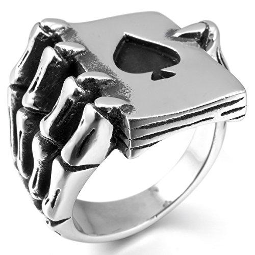 Silver-Toned Black Ace of Spades Poker Cards with Skull Hand Stainless Steel Ring