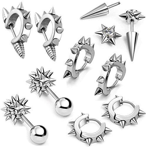 10PCS Stainless Steel Men Women Ear Stud Earring Huggies Piercing Spike Rivet Cone Taper Silver