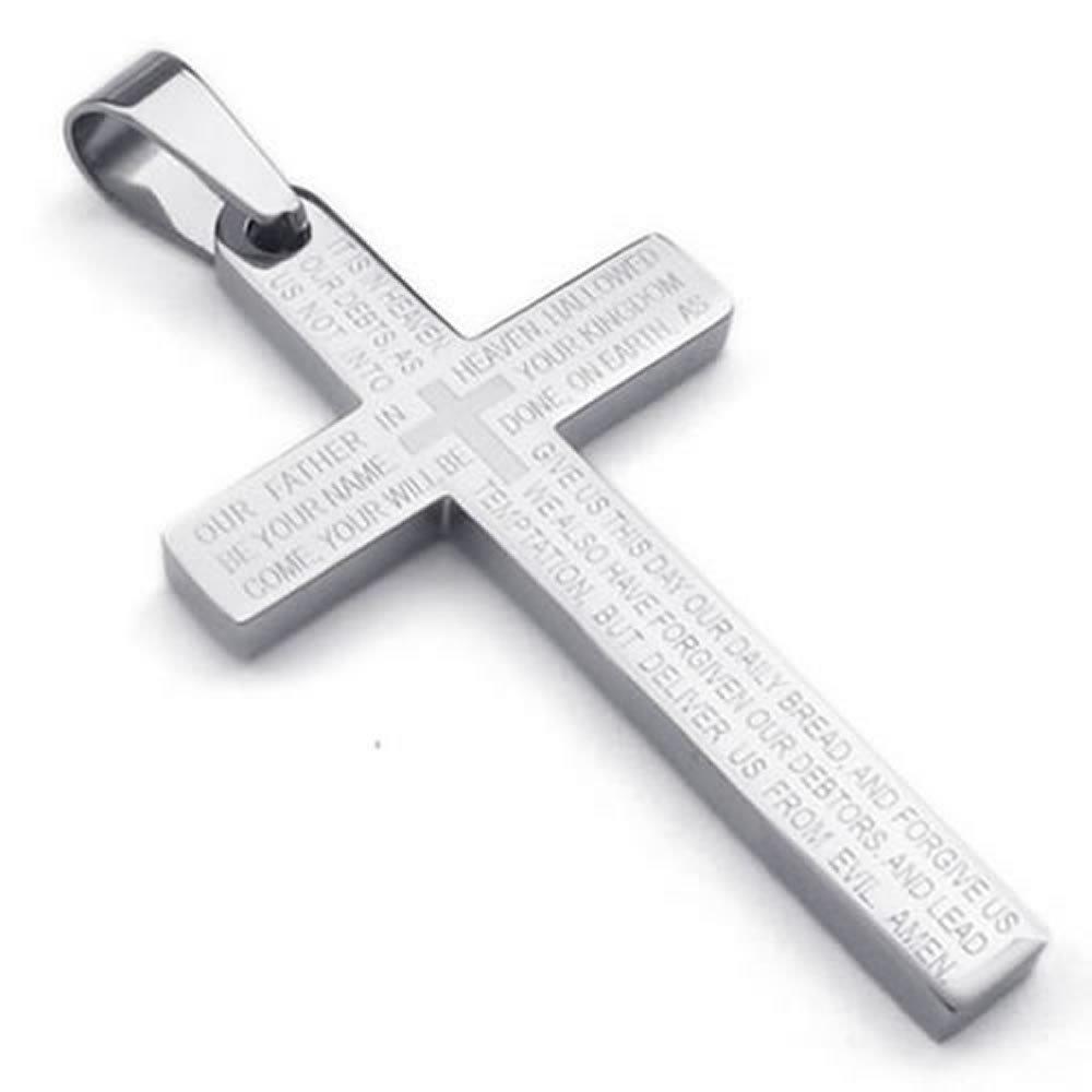 Stainless Steel Men Lords Prayer Cross Pendant Necklace, Silver, 24 inch Chain