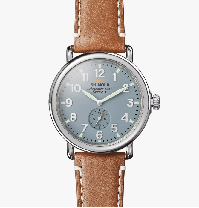 Shinola Runwell Quartz 41mm Watch – Steel Case, Gray/Blue Dial, Brown Leather Strap