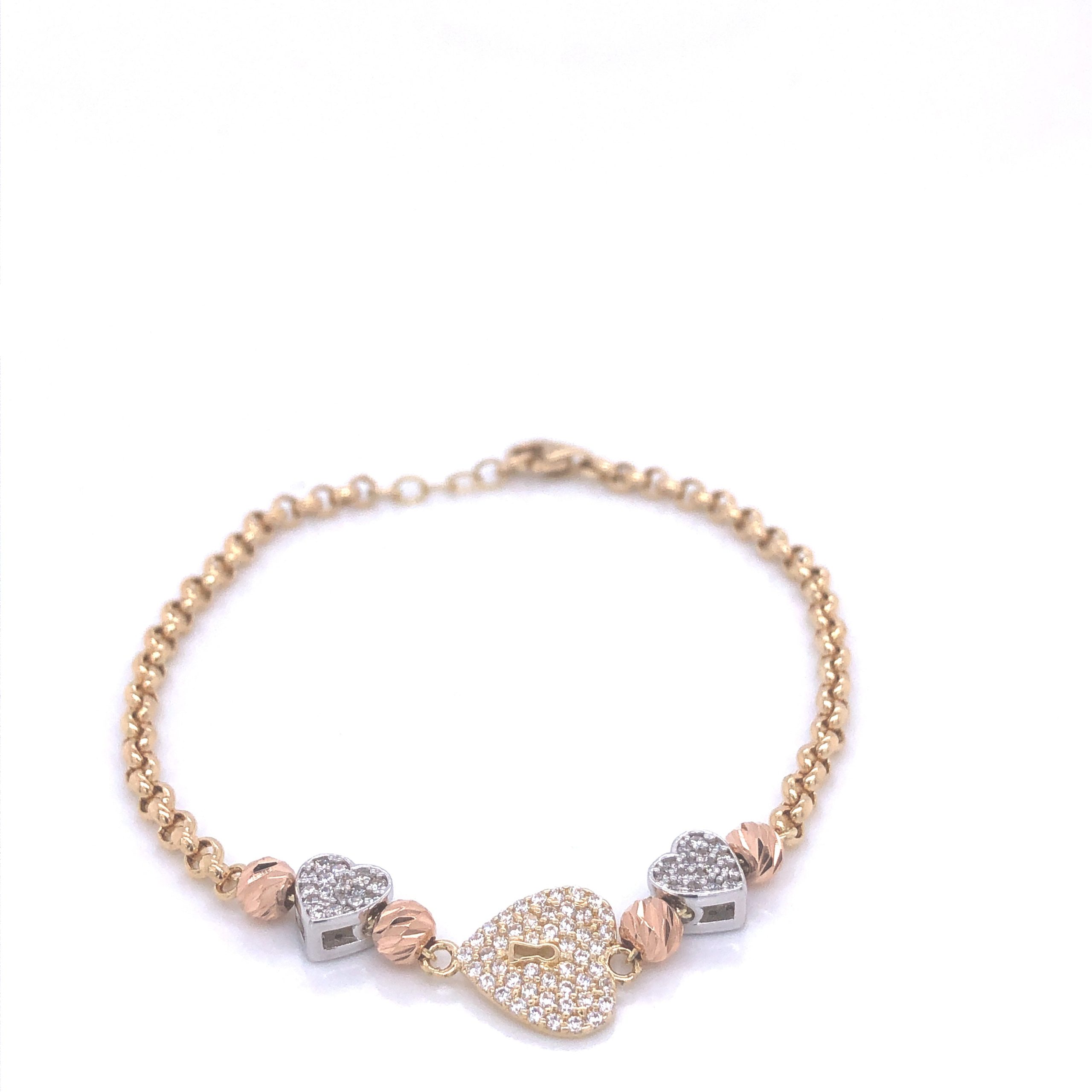 Hearts & Padlock 14k Gold Tri-color Bracelet