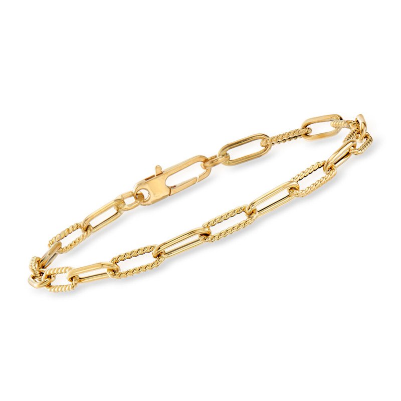 18K YELLOW GOLD ALTERNATING POLISHED AND FLUTED PAPERCLIP LINK BRACELET 7IN