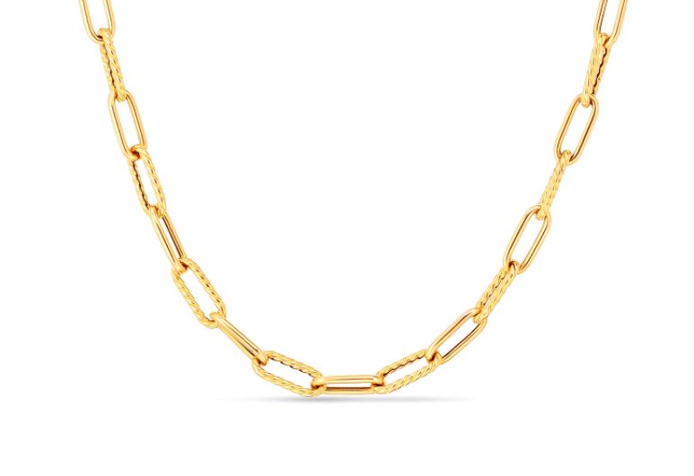 18K ALTERNATING POLISHED AND FLUTED FINE PAPERCLIP BRACELET 7"