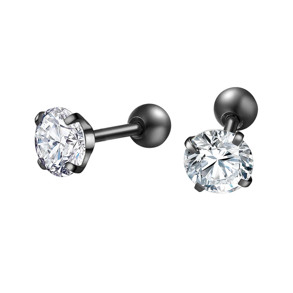 Men Women Stainless Steel Cubic Zirconia Stud Earrings, 8mm, Black White