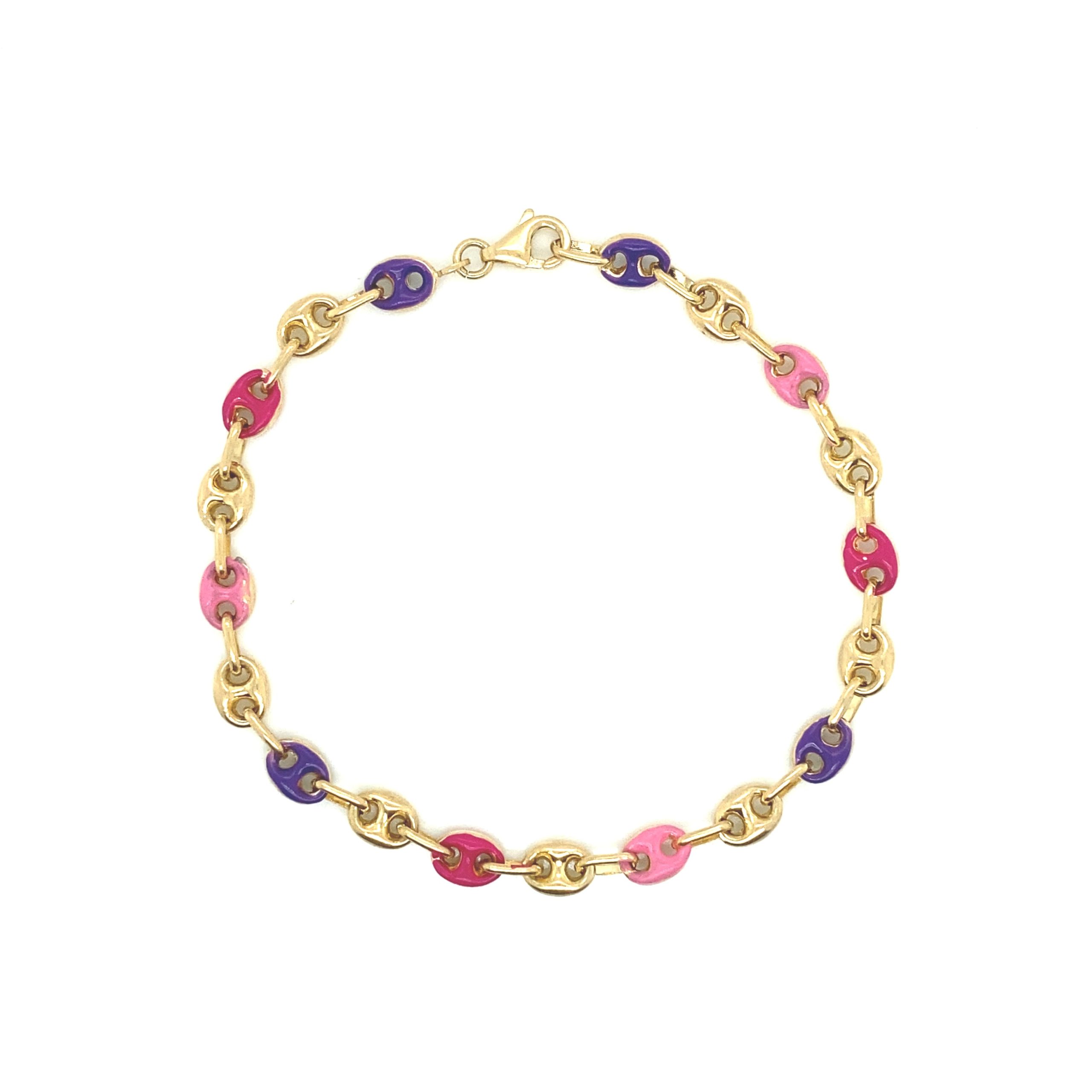 14k Gold Multi Color Puff Mariner Link Bracelet