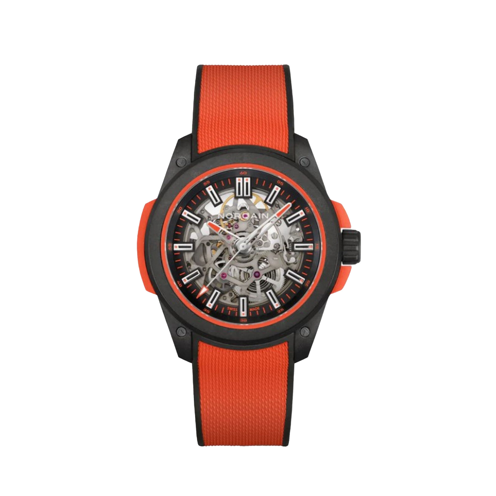 NORQAIN Wild One Skeleton Dial Coral Red Rubber Strap Watch, 42mm