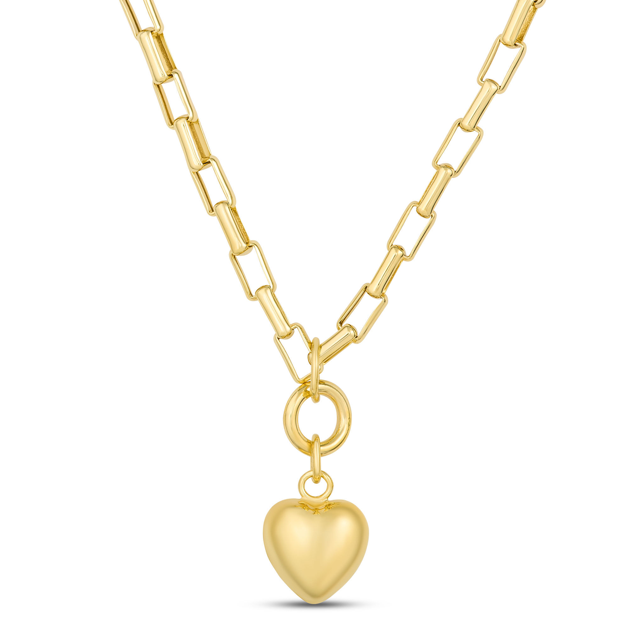18-Inch Puffed Heart Pendant on rectangle Link Chain, 14K Yellow Gold