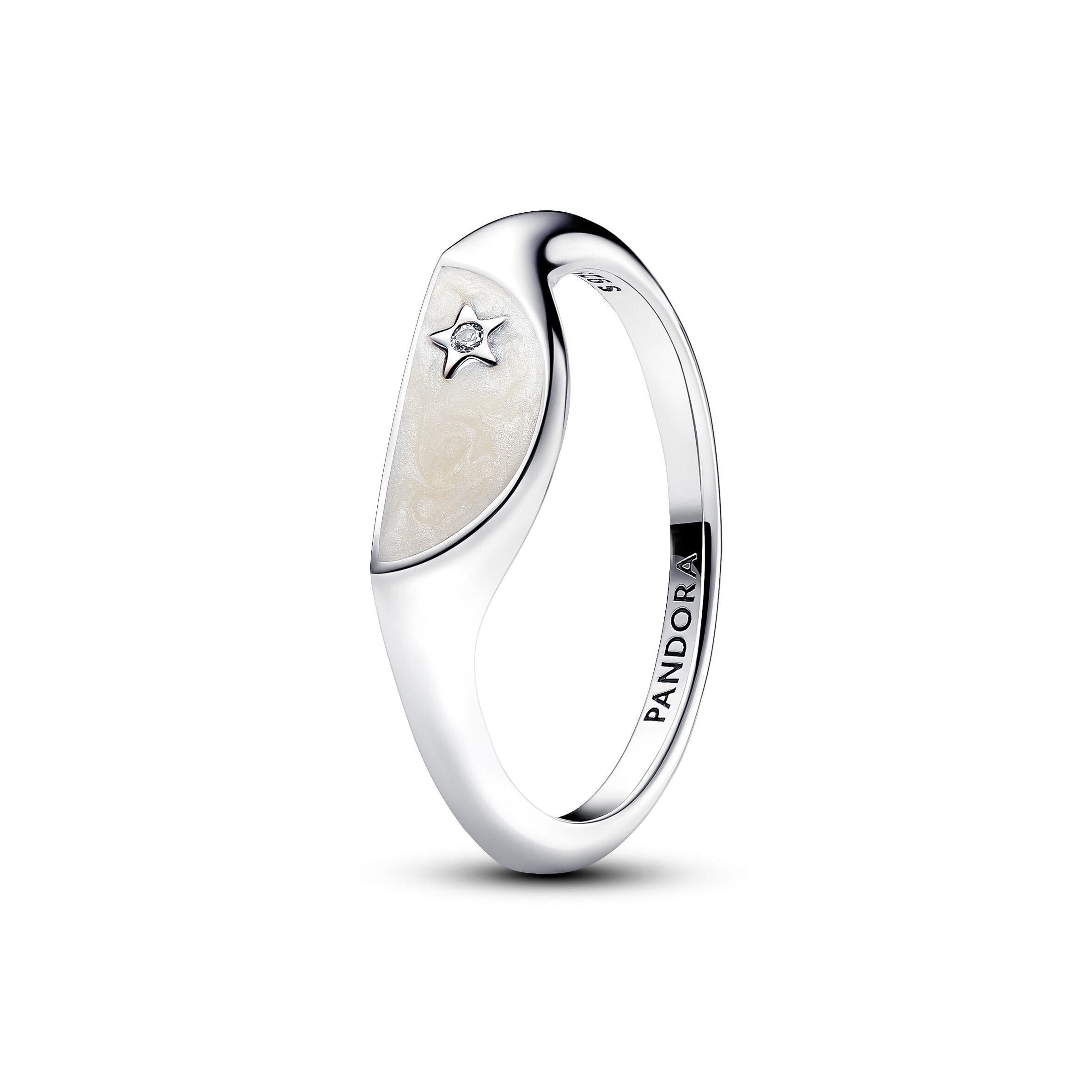 Pandora ME Halved Signet Pandora ME sterling silver ring with clear cz and shimmering white enamel
