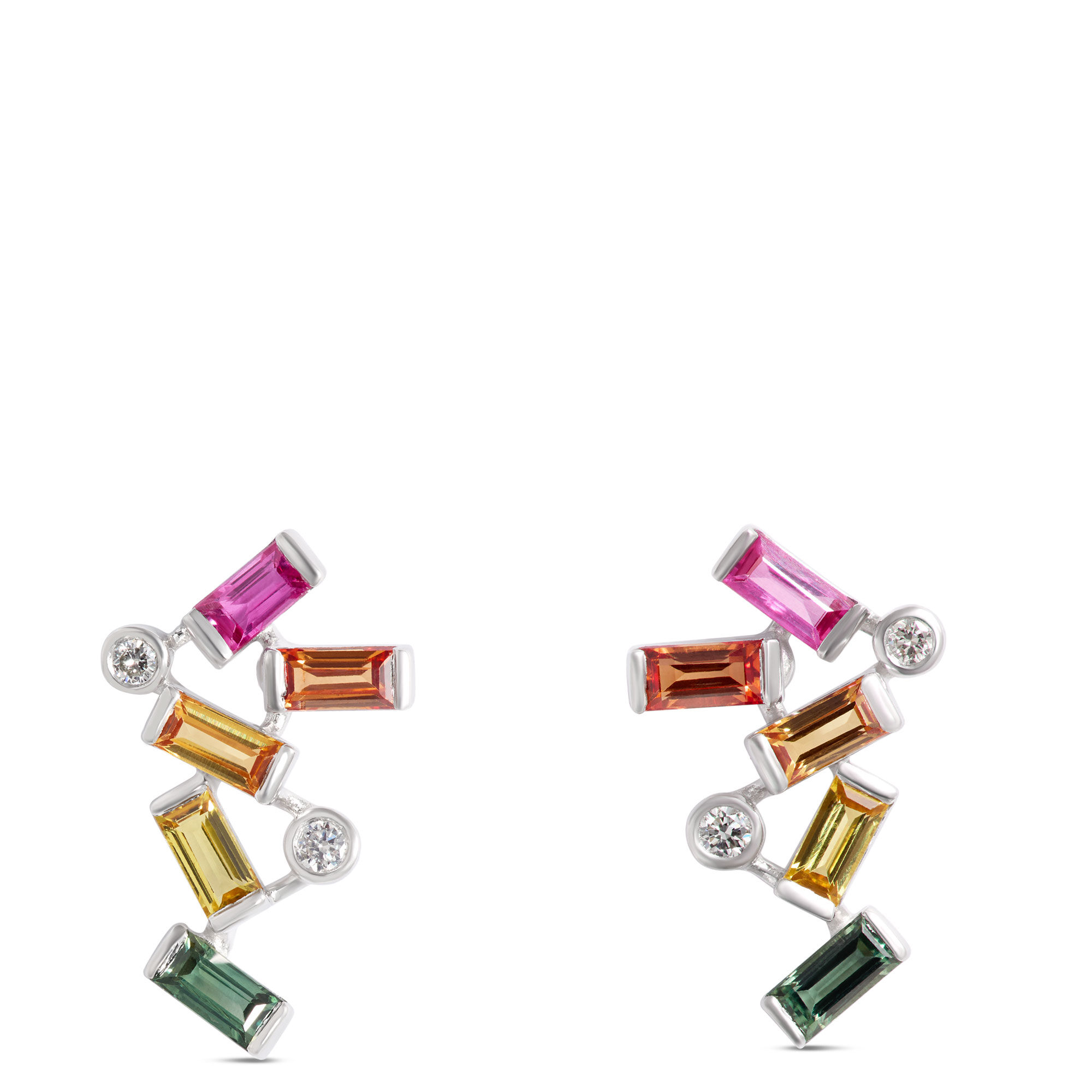 Baguette Rainbow Sapphire Earrings, 14k White Gold