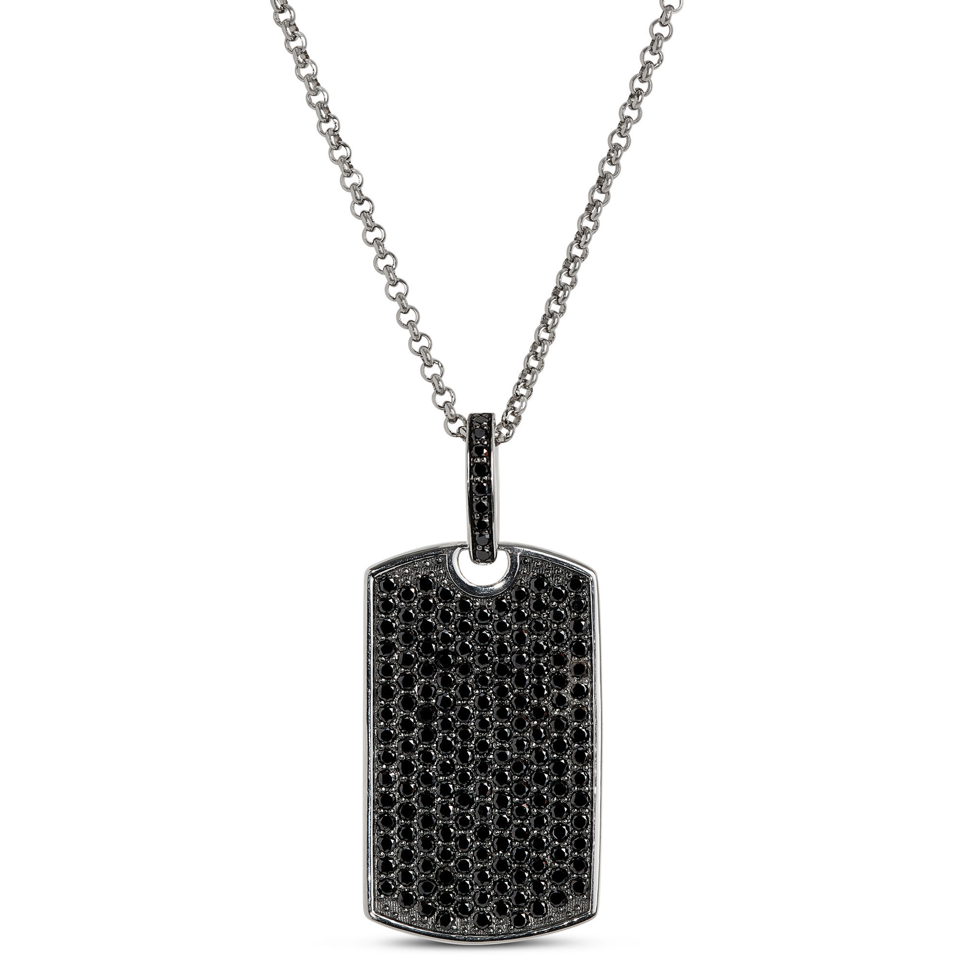 Black Diamond on Rhodium Dog Tag Necklace