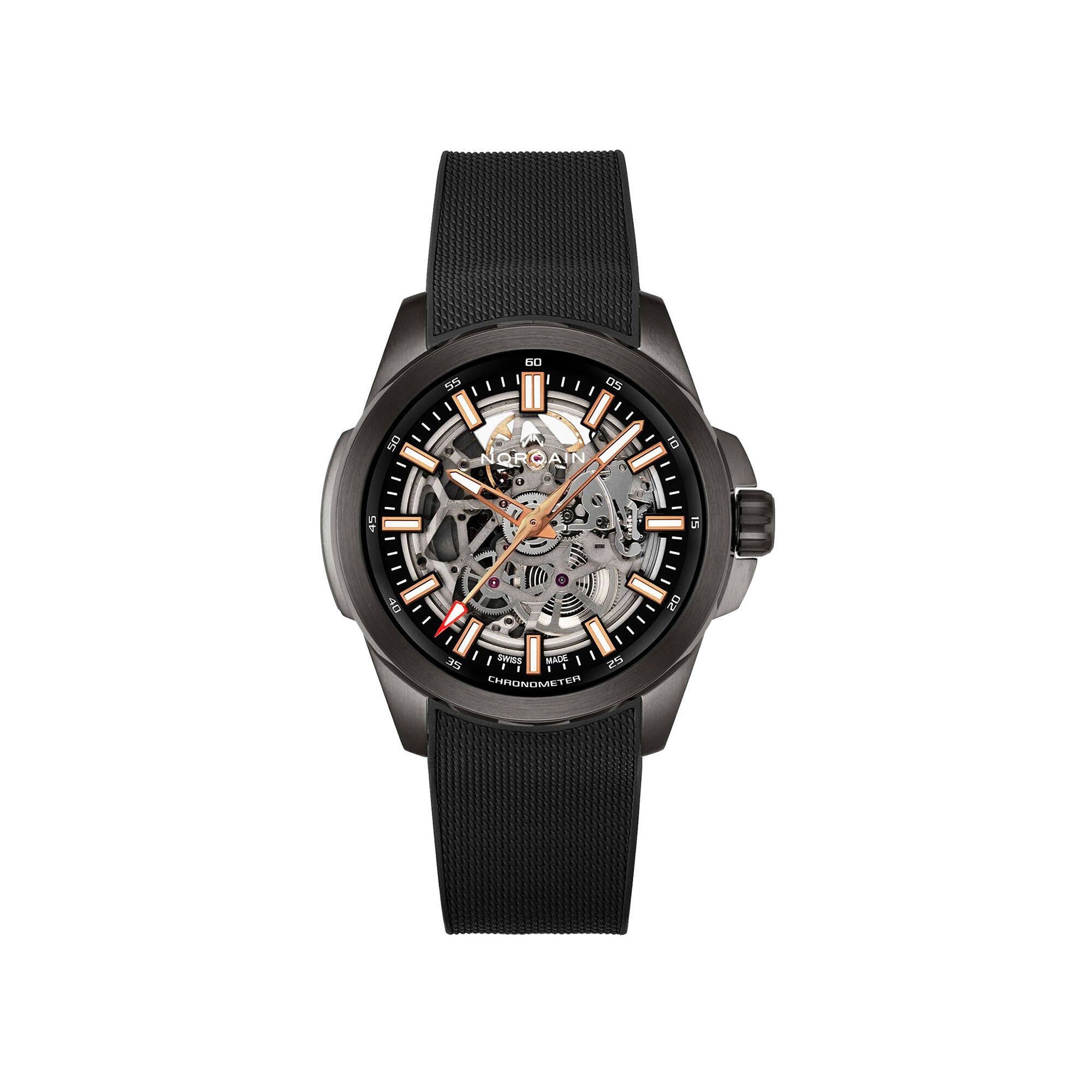 NORQAIN Independence Skeleton Dial Black Rubber Strap Watch, 42mm