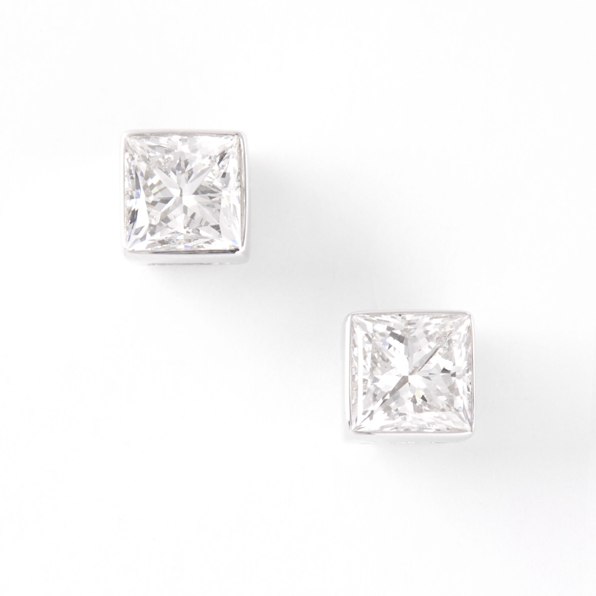 Invisible Bezel Solitaire Princess Cut Diamond Studs, 14K White Gold