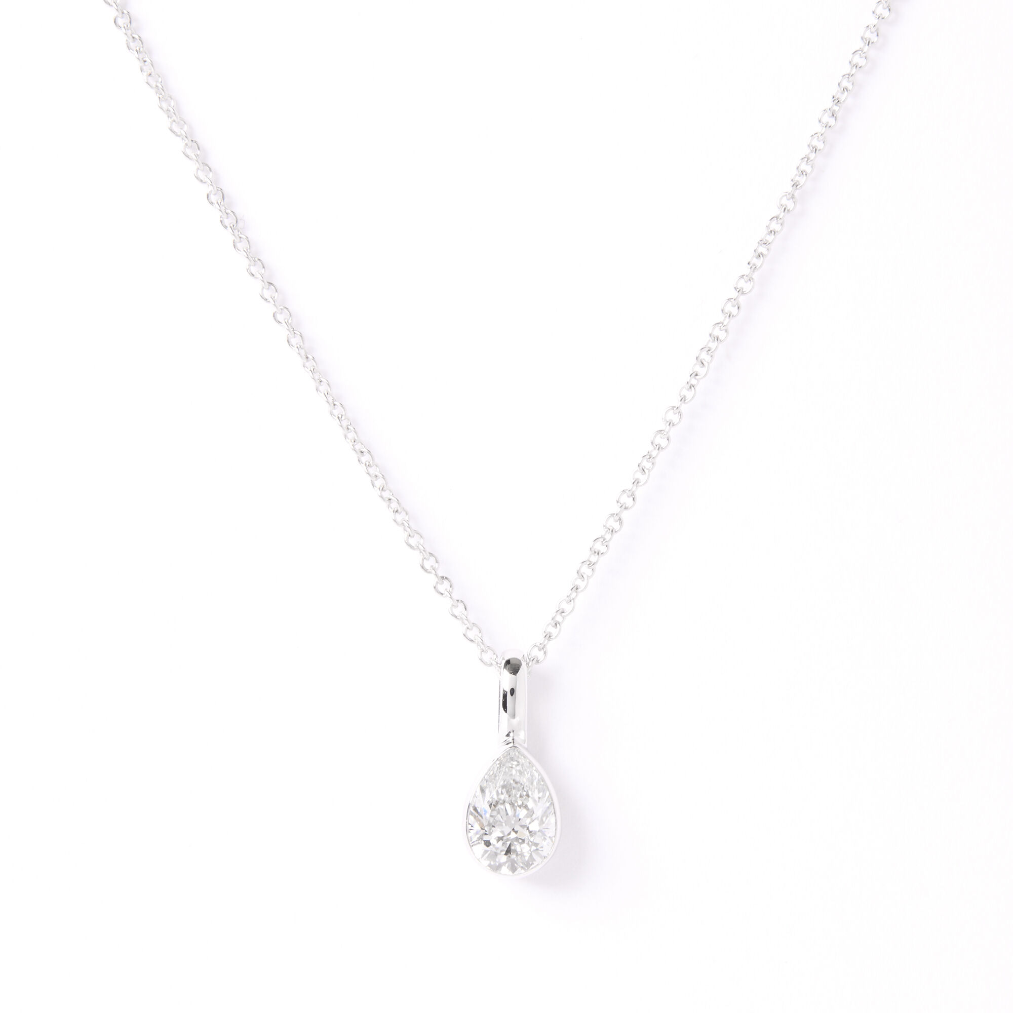Invisible Bezel Solitaire Pear Shaped Diamond Pendant Necklace, 14K White Gold