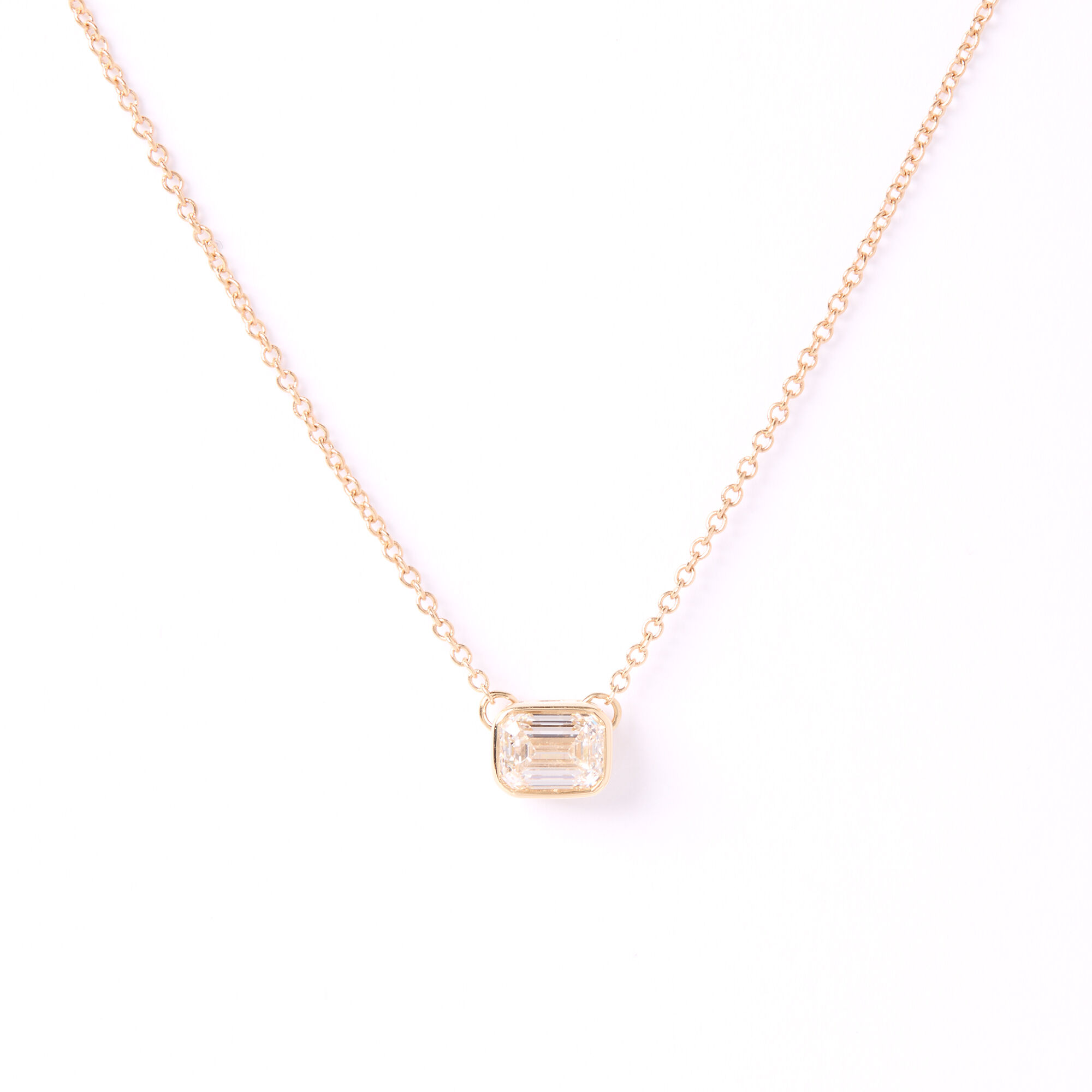Invisible Bezel Emerald Cut Solitaire Diamond Pendant Necklace, 14K Yellow Gold