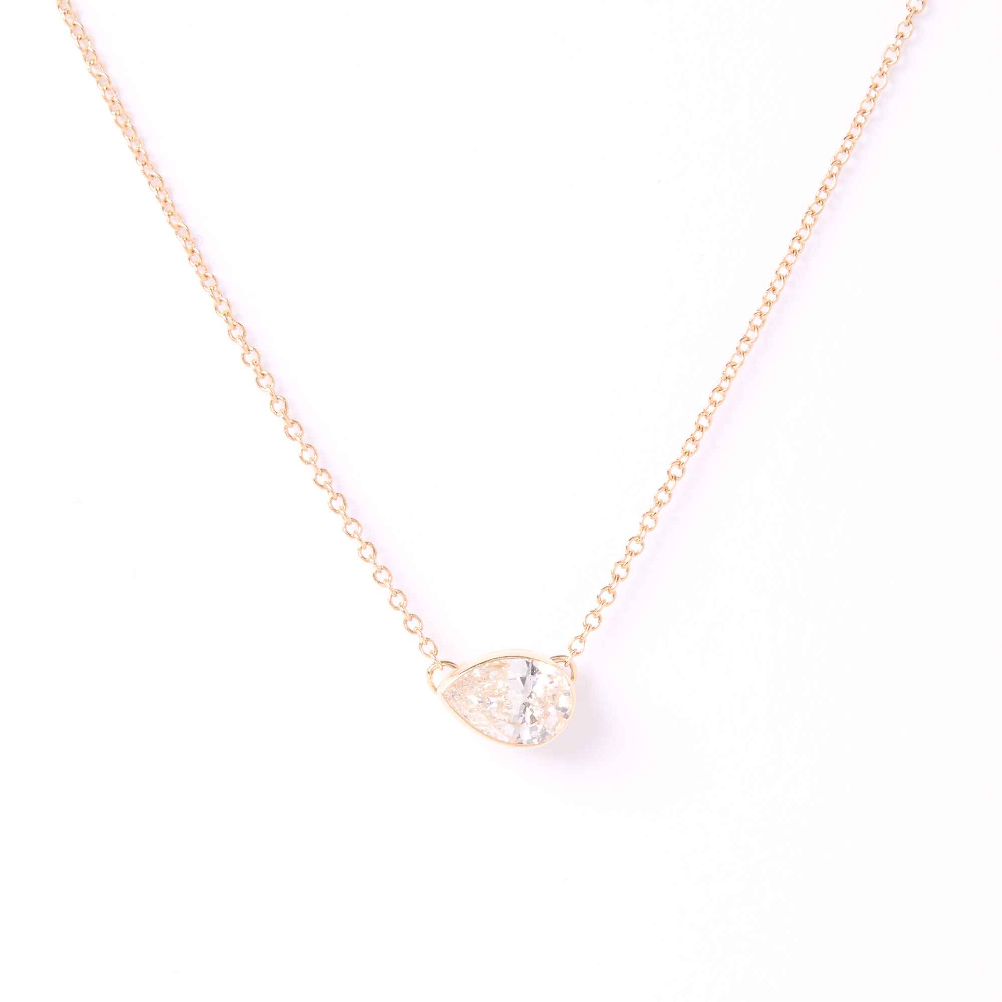 Invisible Bezel Pear Shaped Solitaire Diamond Pendant Necklace, 14K Yellow Gold
