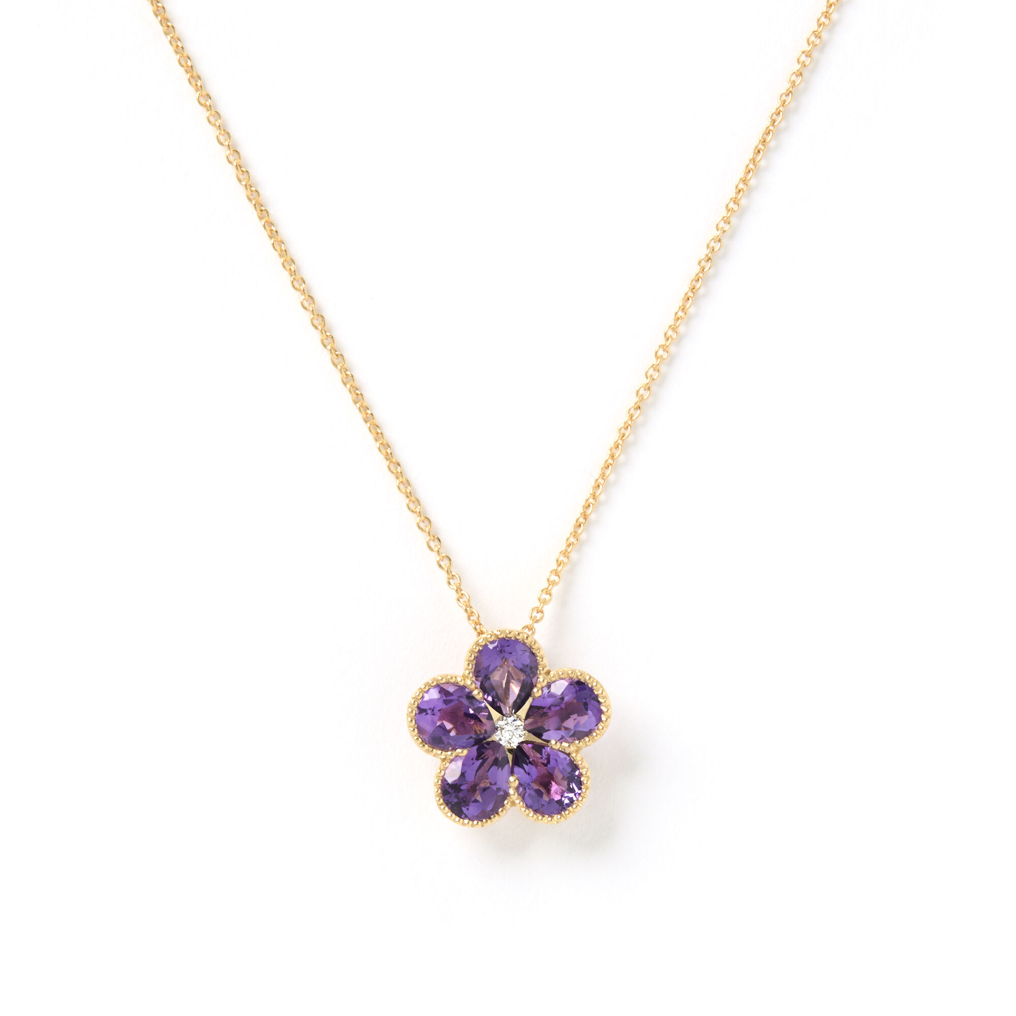 Flower Shaped Amethyst and Diamond Pendant, 14K Yellow Gold