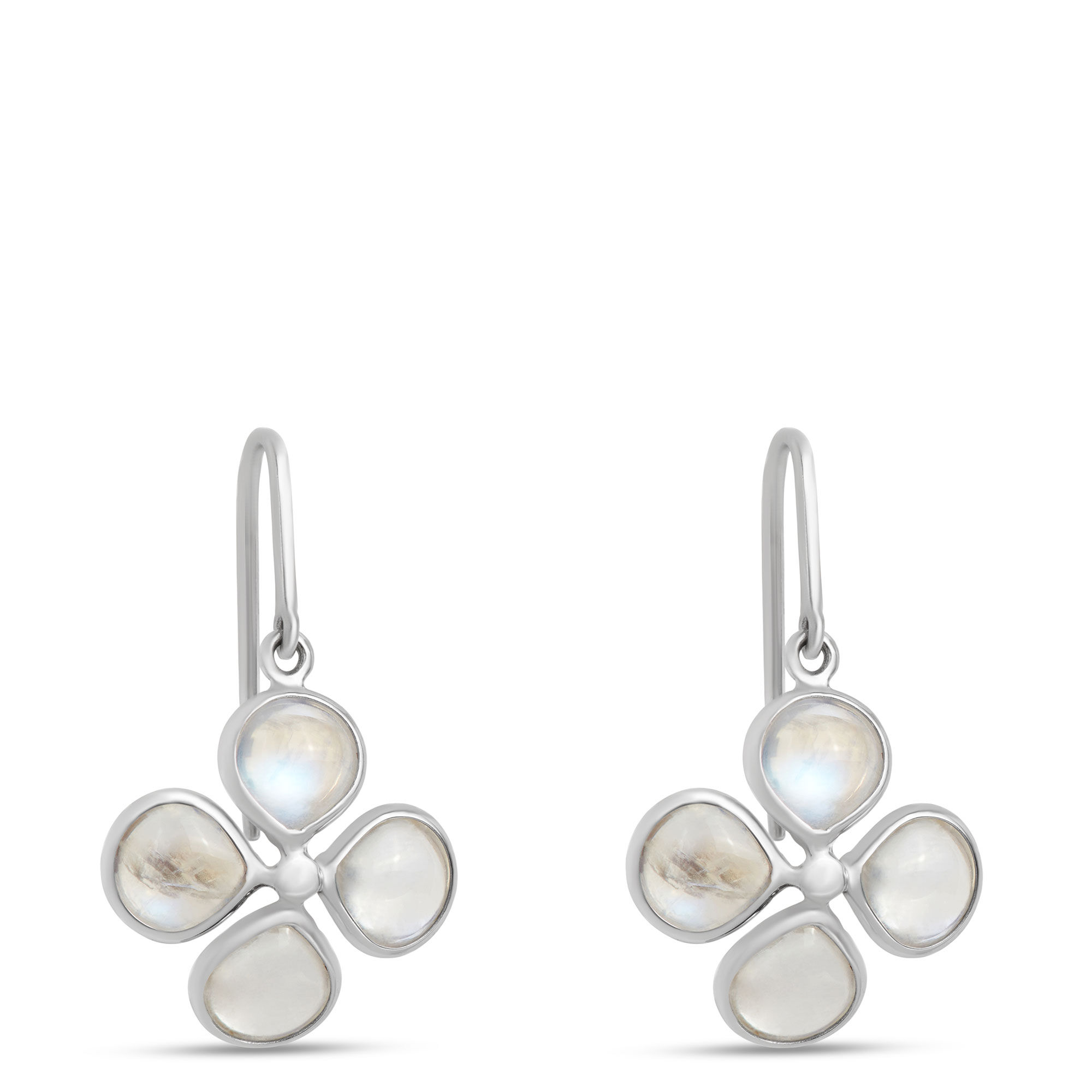 Flower-Shaped Rainbow Moonstone Earrings, Sterling Silver