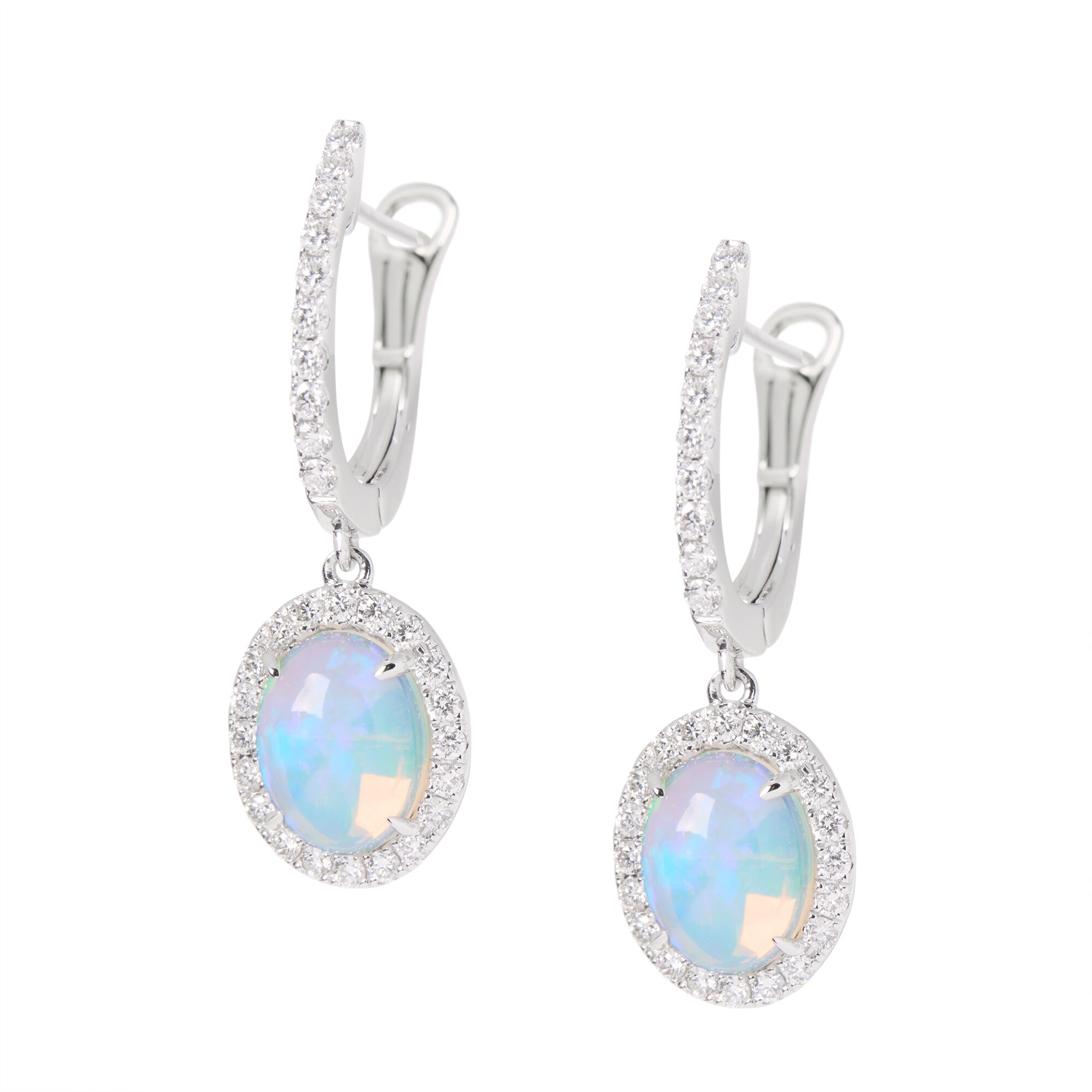 Oval Opal Earrings with Diamond Halo, 14K White Gold