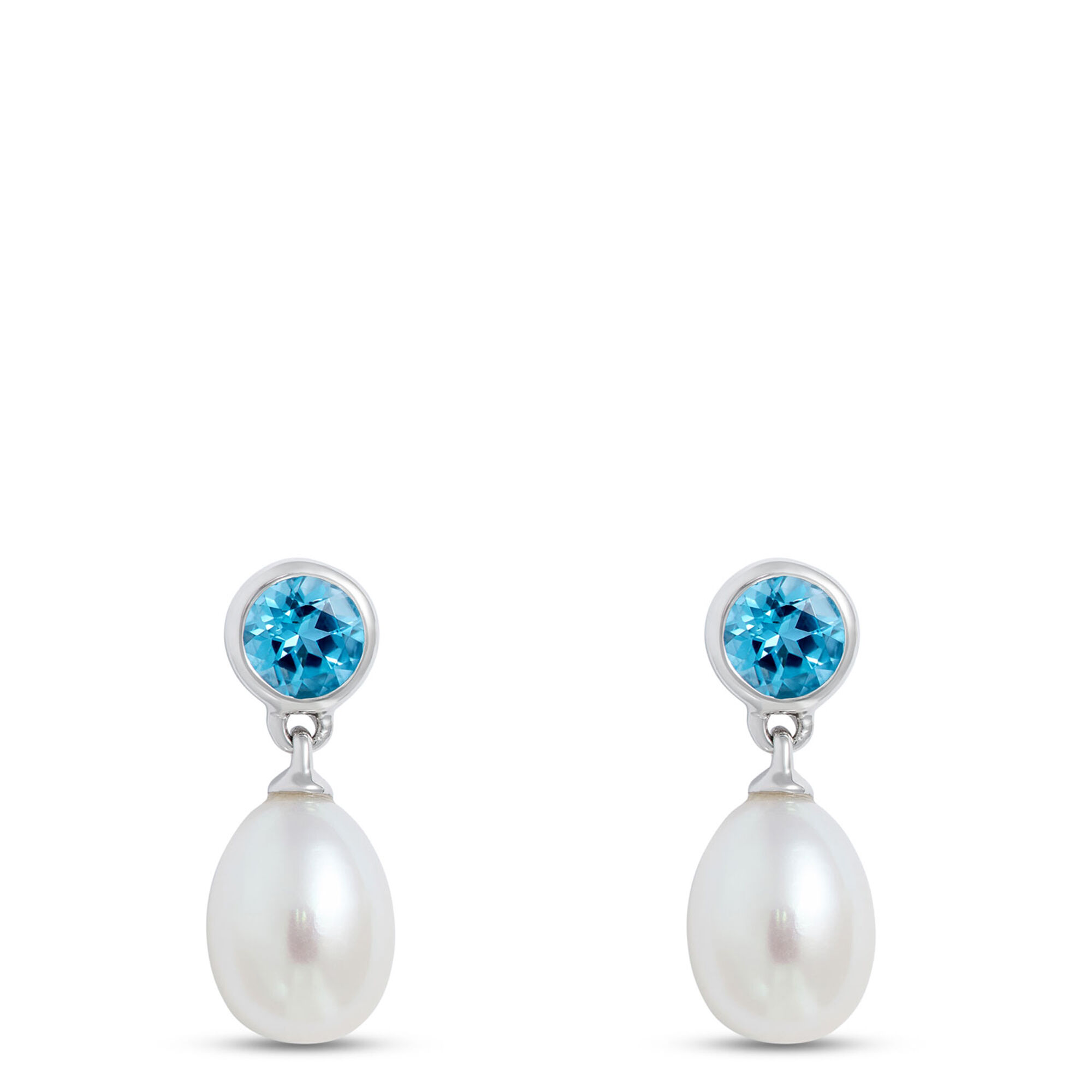 Pearl and Blue Topaz Earrings, 14K White Gold